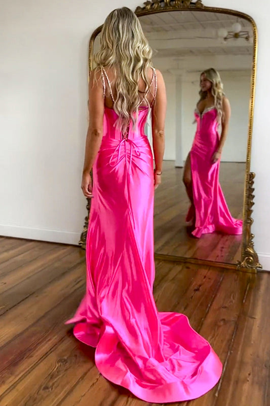 Robe de bal longue en satin rose vif style sirène à lacets
