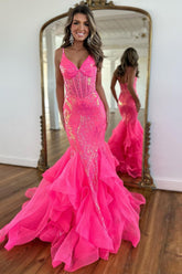 Hot Pink Sequin Long Mermaid Spaghetti Straps Prom Dress