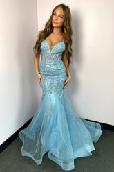 Light Blue Tulle Mermaid Spaghetti Straps Long Prom Dresses