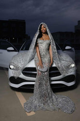 Stunning Fully Embroidered Silver Crystal and Sequin Mermaid Prom Dresses