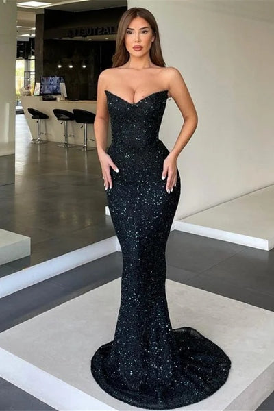 black sequin dress with train Black Sequin & Petals Skirt Long Train Prom Dress
