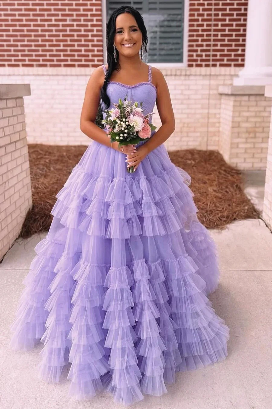 Tiered Ruffle Tulle Prom Dress Beaded Evening Dresses Pic Color / US10 Tiered Ruffle Tulle Prom Dress Beaded Evening Dresses Pic Color / US10