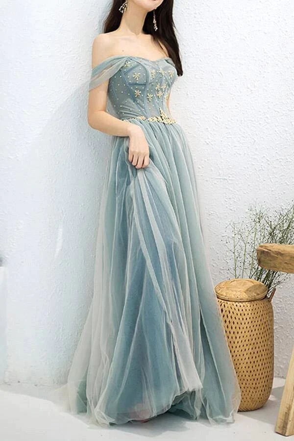 Tulle A-Line Off-the-Shoulder Beaded Prom Dresses, Long Formal Dresses luladress Tulle A-Line Off-the-Shoulder Beaded Prom Dresses, Long Formal Dresses luladress