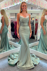 Mermaid Scoop Neck Sage Green Satin Long Prom Dresses