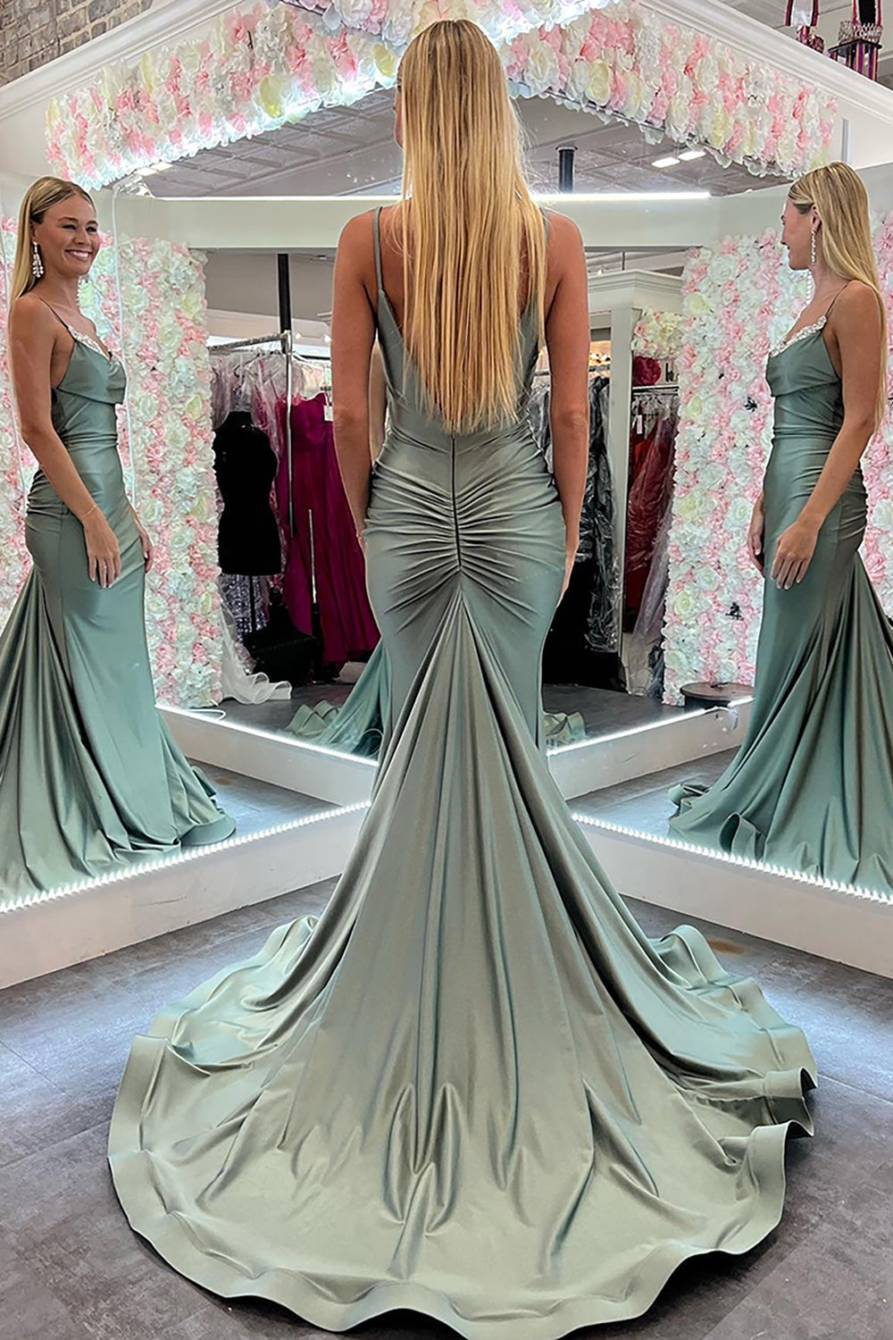 Mermaid Scoop Neck Sage Green Satin Long Prom Dresses
