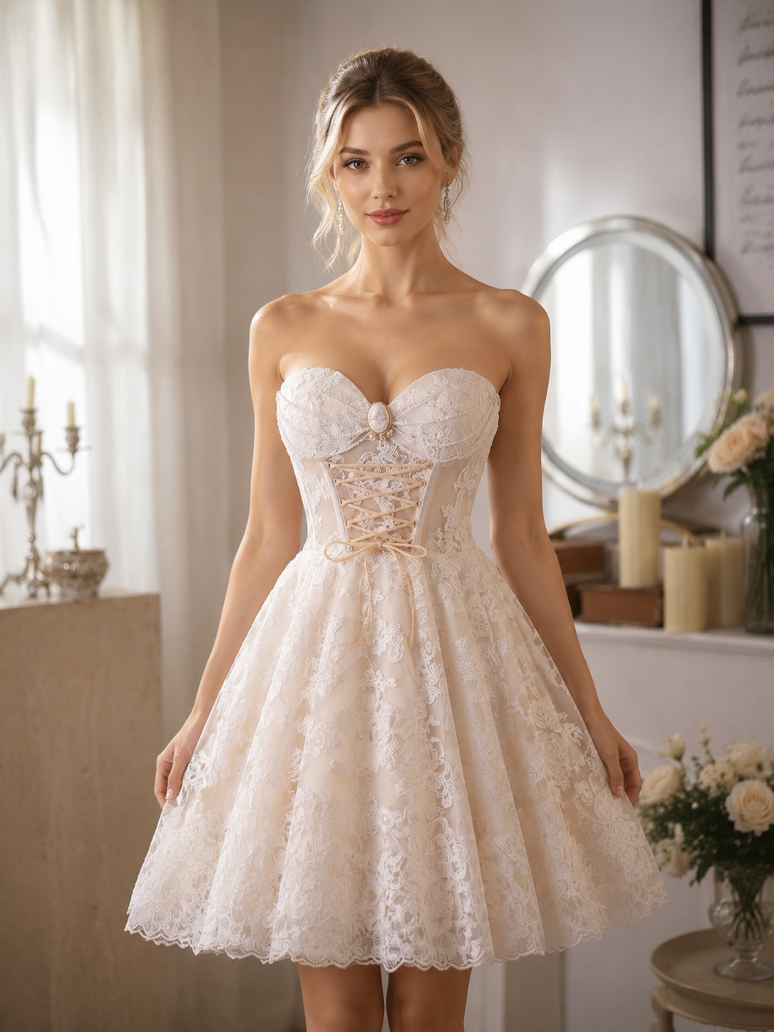 White Lace Strapless Short A Line Homecoming Dresses – luladress