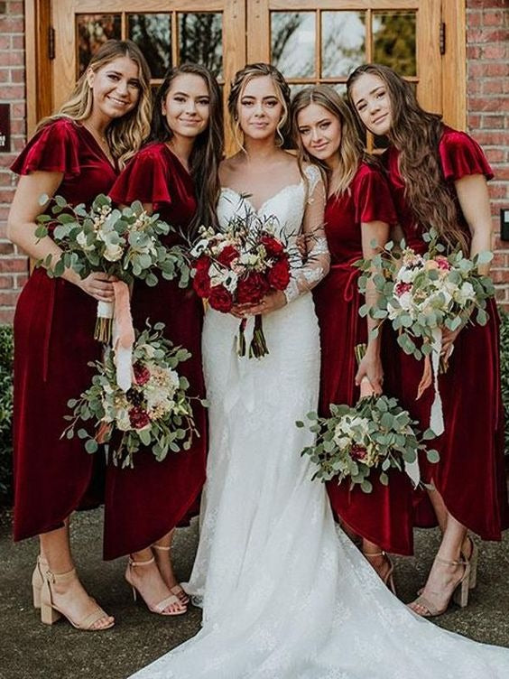 Winter Velvet V-Neck Bridesmaid Dresses High-Low Tea-Length Wedding Pa luladress Winter Velvet V-Neck Bridesmaid Dresses High-Low Tea-Length Wedding Pa luladress