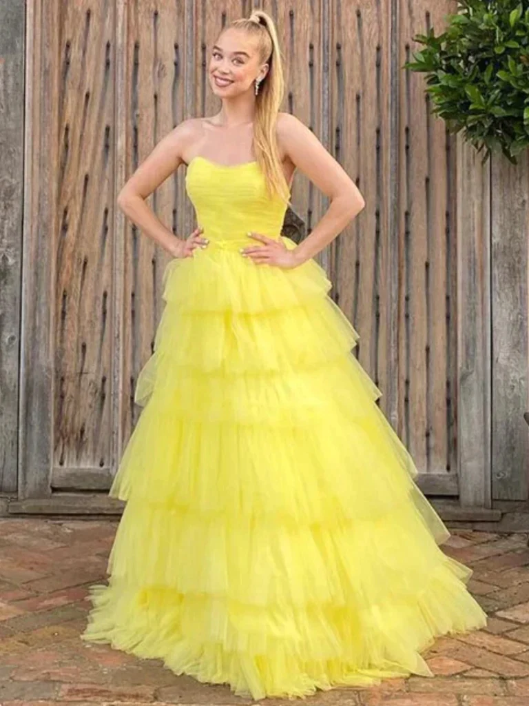 Yellow Layered Long Tulle Sweetheart Prom Dresses