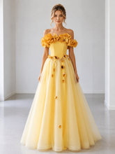 Yellow Tulle Applique A Line Off the Shoulder Prom Dresses