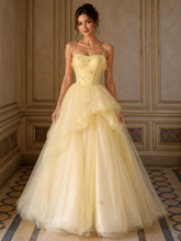 Yellow Tulle Spaghetti Straps Beading A Line Prom Dresses