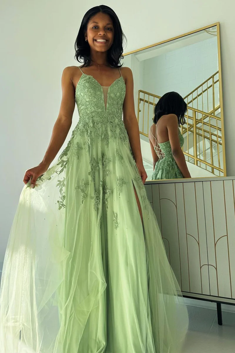 Sage Green V Neck Tulle A-Line Long Prom Dresses