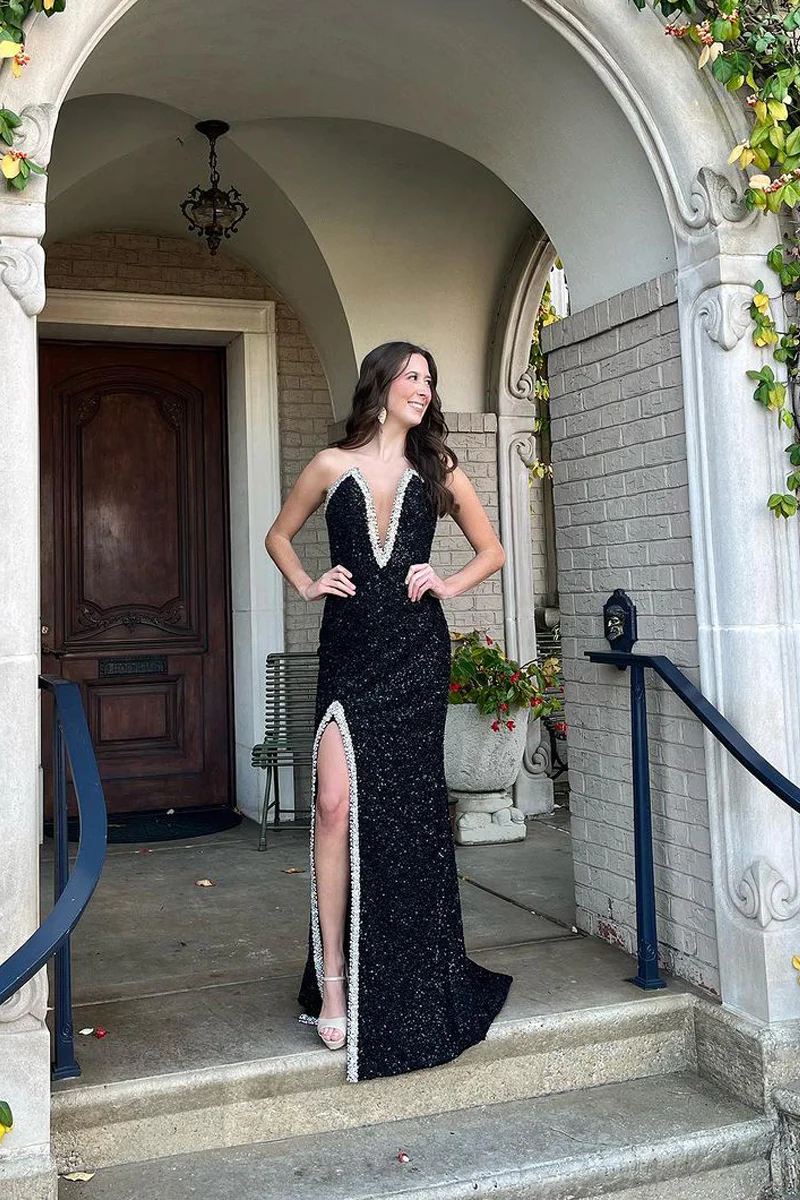 Black V Neck Sequin Mermaid Long Prom Dresses