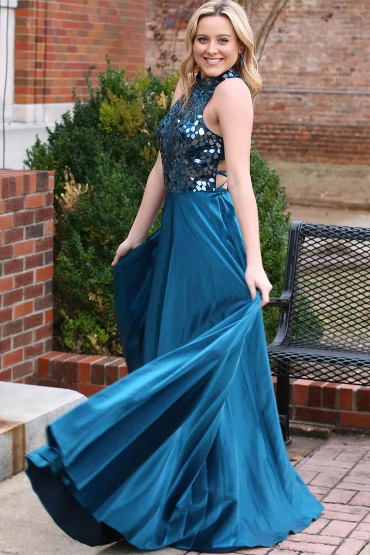 Long Teal Cut Glass Mirror Halter Formal Dresses