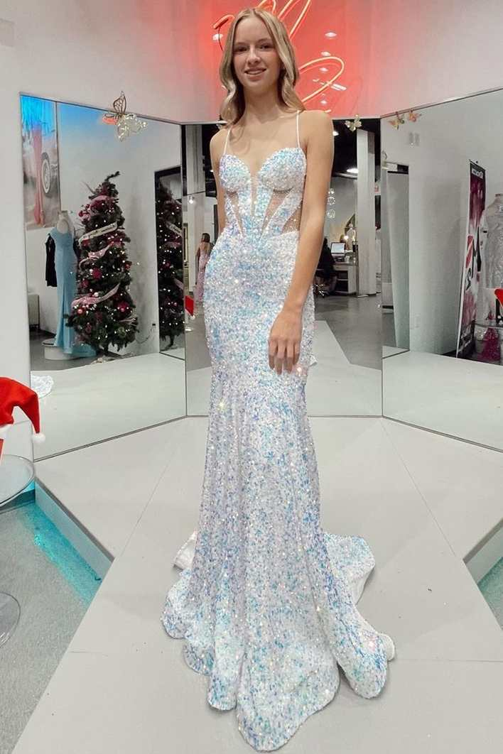 Mermaid White Iridescent Sequin Straps Cutout Long Prom Dress