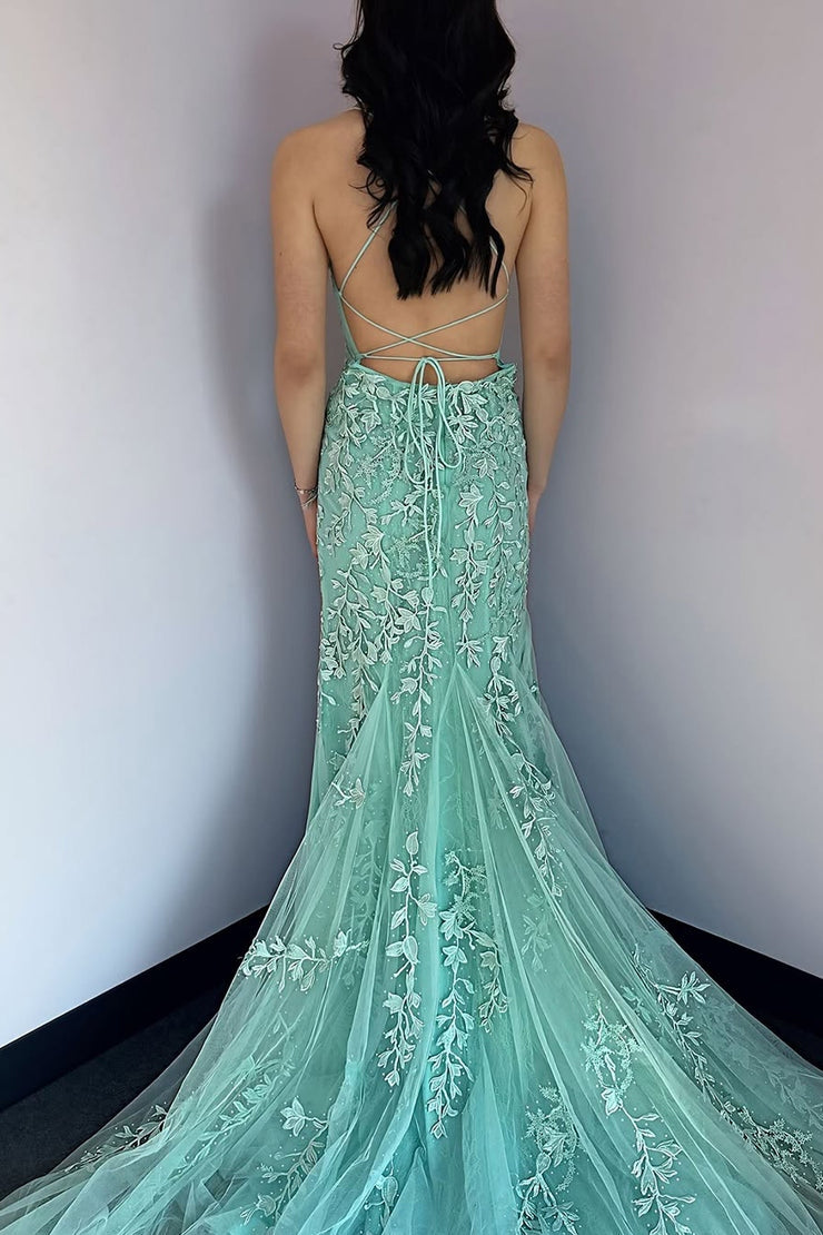 Meramid Scoop Neck Mint Lace Prom Dresses