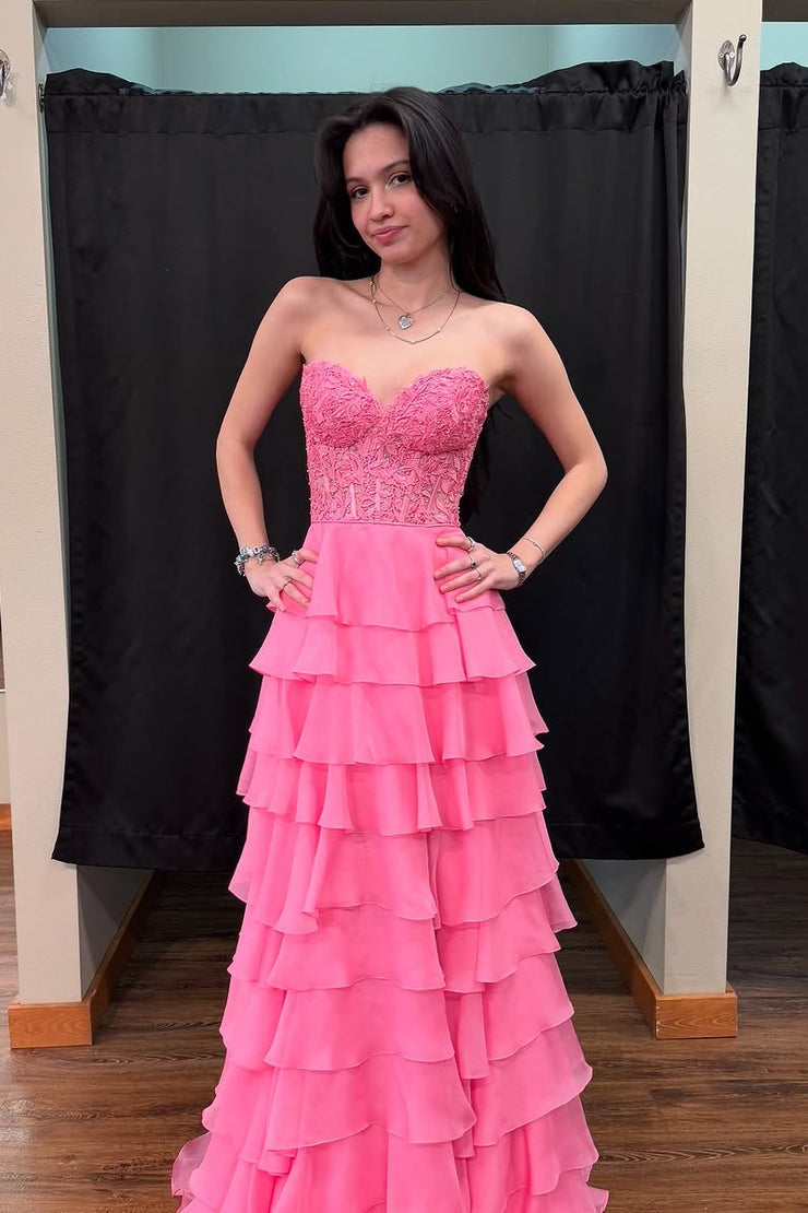 A Line Sweetheart Pink Chiffon Tiered Prom Dresses – luladress