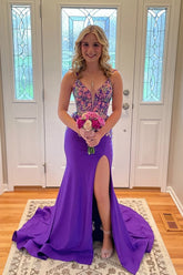 Mermaid V Neck Purple Satin Prom Dresses