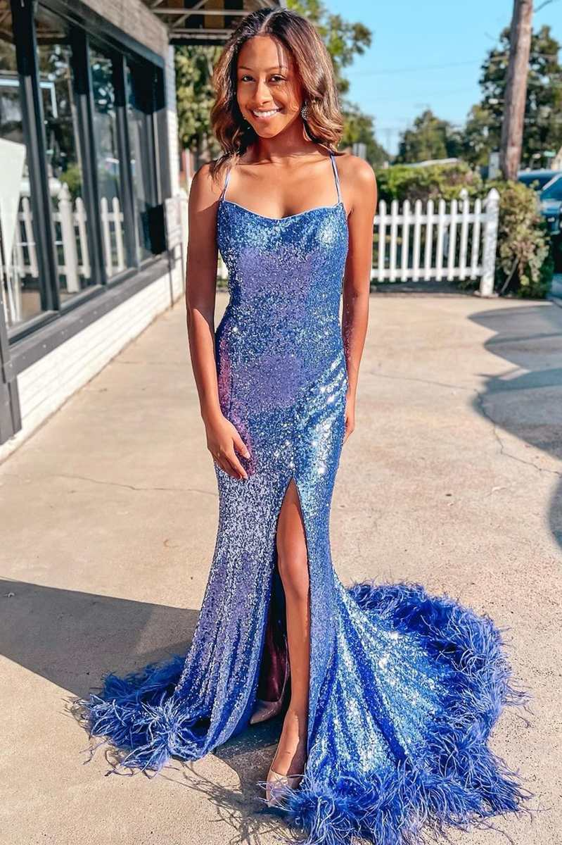 Blue Sequin Feather Lace-Up Back Long Mermaid Prom Dresses Blue Sequin Feather Lace-Up Back Long Mermaid Prom Dresses