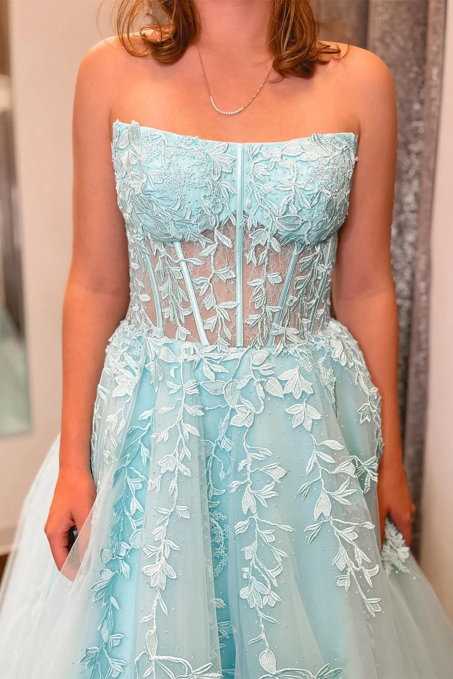 Aqua Blue Appliques Strapless A-Line Long Prom Dresses