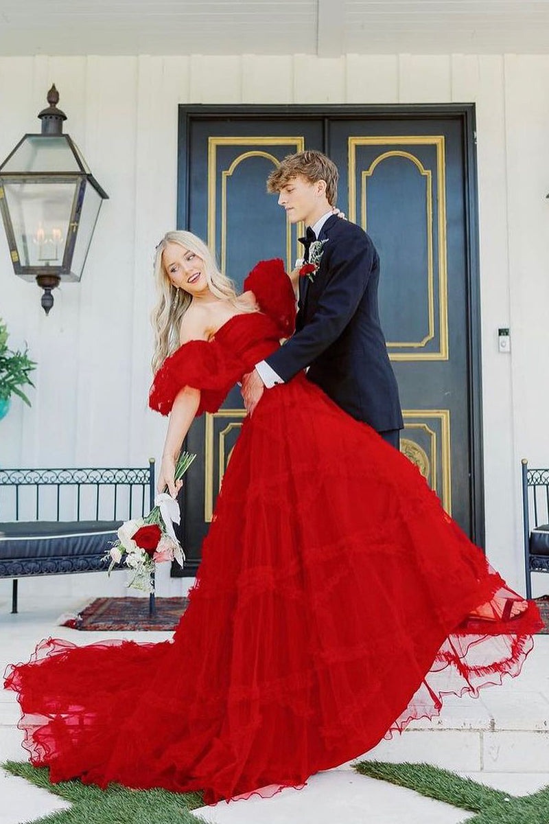 Red Strapless Ruffle Tiered Tulle Long Prom Dresses luladress Red Strapless Ruffle Tiered Tulle Long Prom Dresses luladress