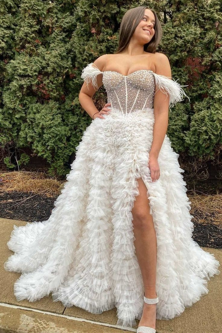 Beaded Feather Long Off-the-Shoulder Tiered Prom Dresses