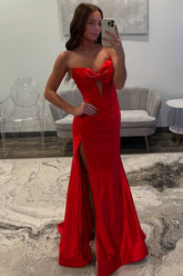 Mermaid Strapless Keyhole Red Satin Long Prom Dresses