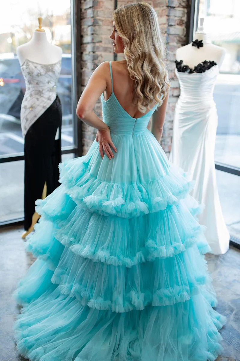 Charming A-Line V Neck Ruffle Tiered Tulle Long Prom Dresses