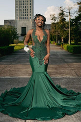 Dark Green Long Satin Mermaid Sleeveless Beading Prom Dresses With Lace