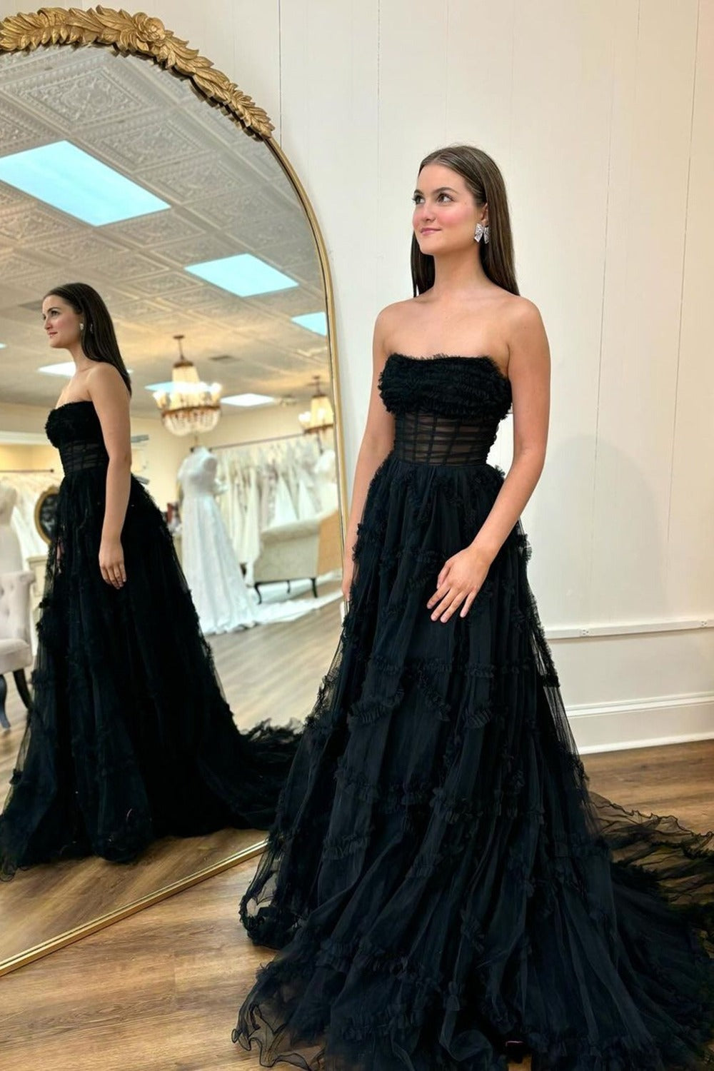 A Line Strapless Tiered Tulle Lone Black Prom Dresses luladress A Line Strapless Tiered Tulle Lone Black Prom Dresses luladress