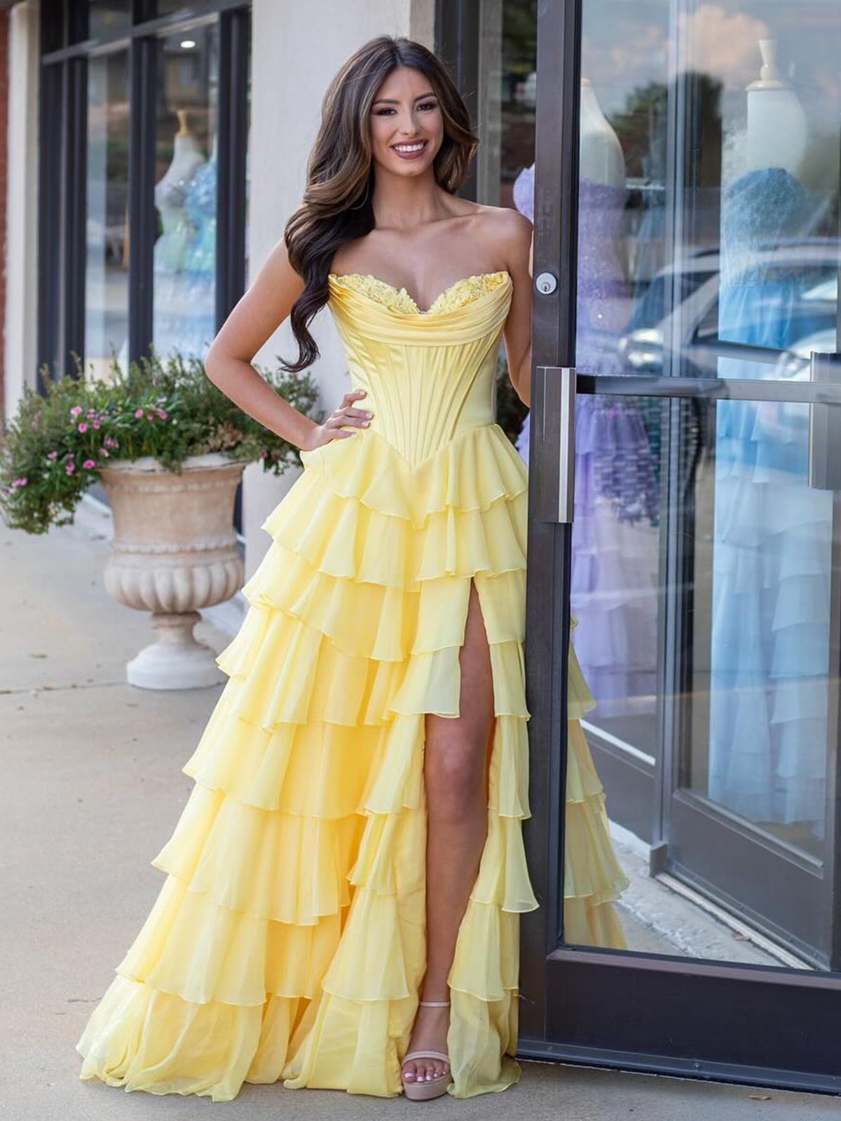Yellow Sweetheart Ruffle Chiffon Tiered Long Prom Dresses