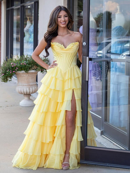 Yellow Sweetheart Ruffle Chiffon Tiered Long Prom Dresses