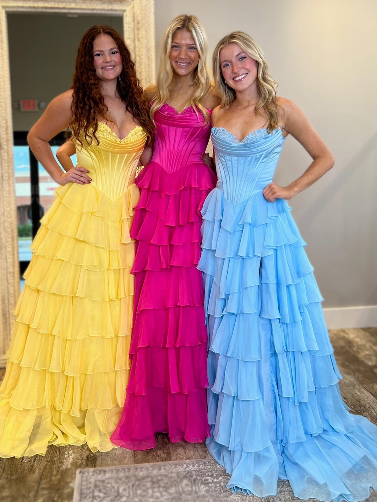 Yellow Sweetheart Ruffle Chiffon Tiered Long Prom Dresses
