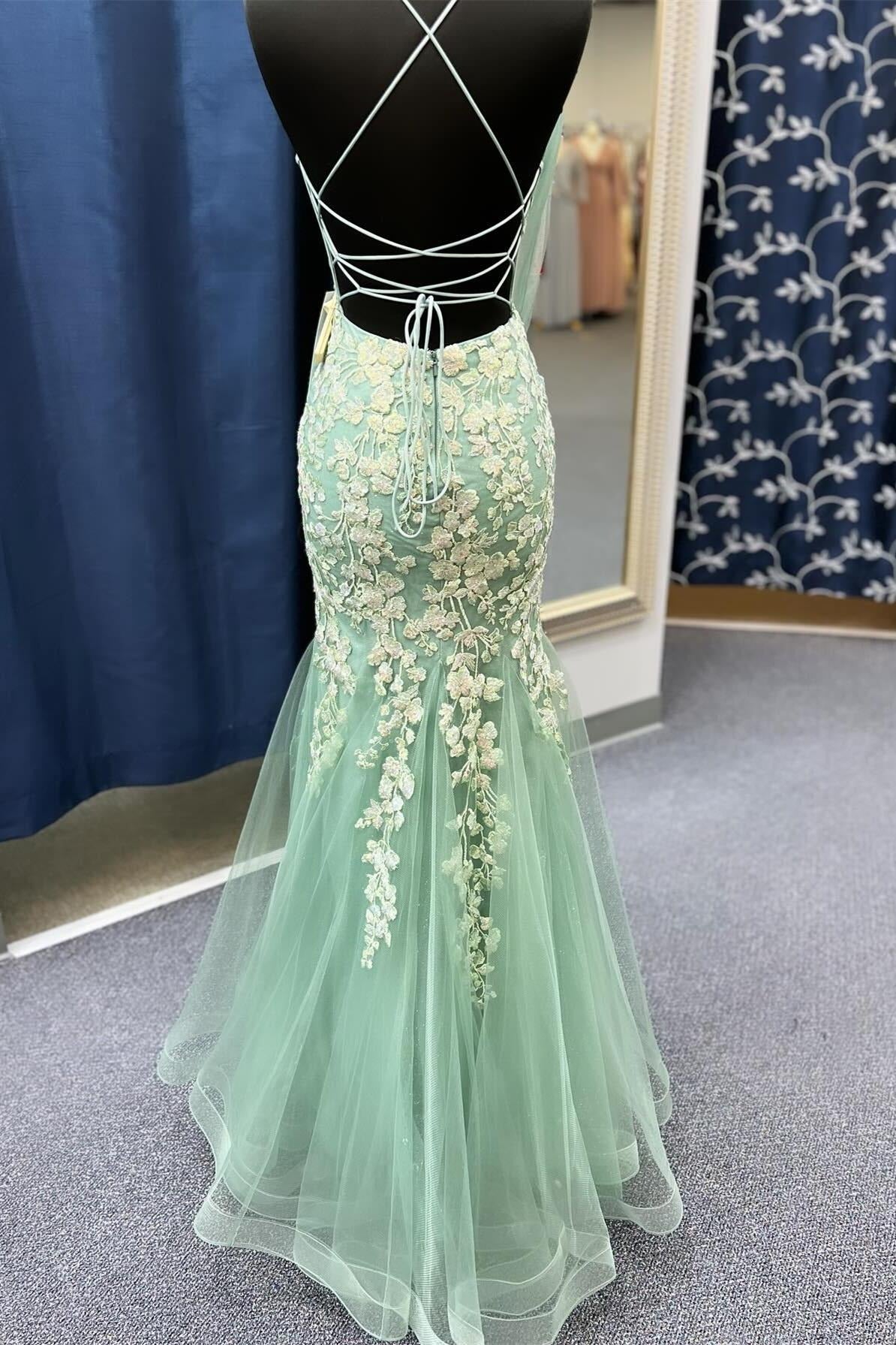 Mermaid V Neck Sage Green Tulle Lace Prom Dresses