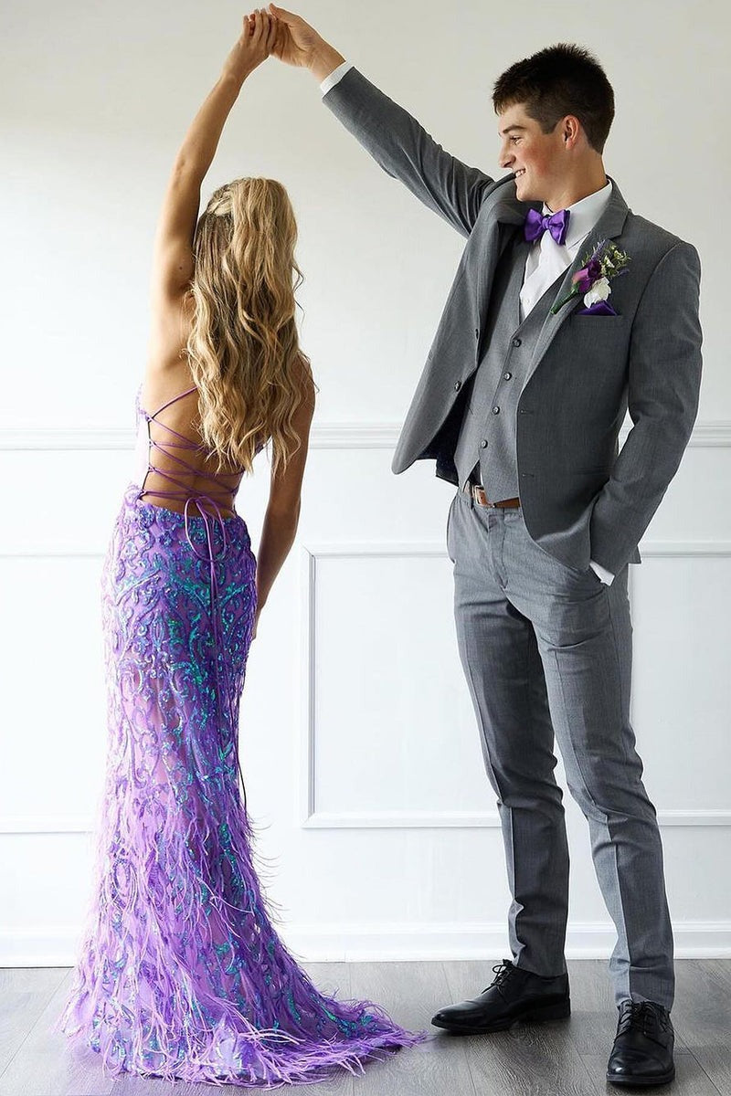 V Neck Purple Sequins Mermaid Long Prom Dresses