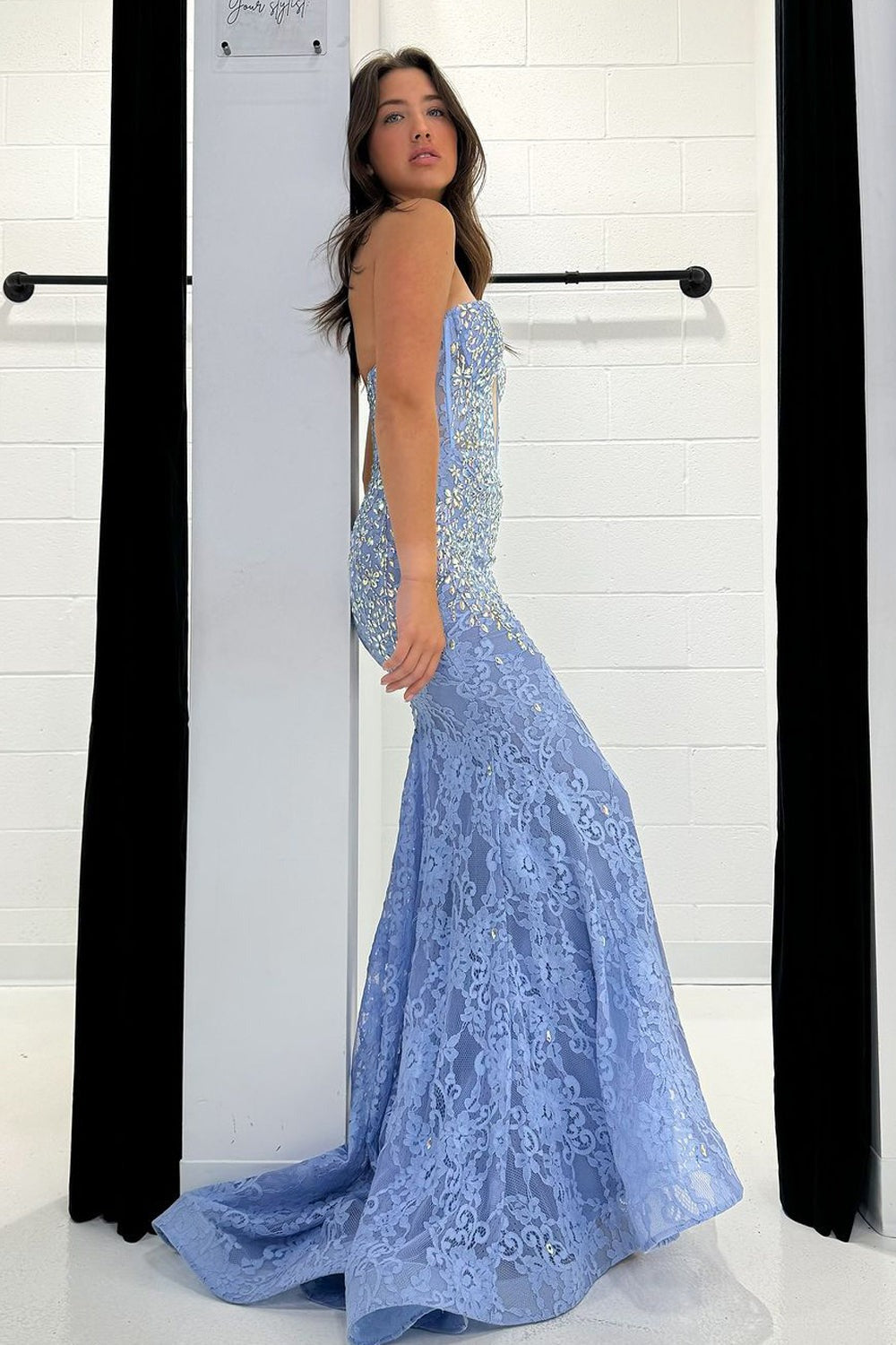 V Neck Mermaid Dusty Blue Lace Prom Dresses