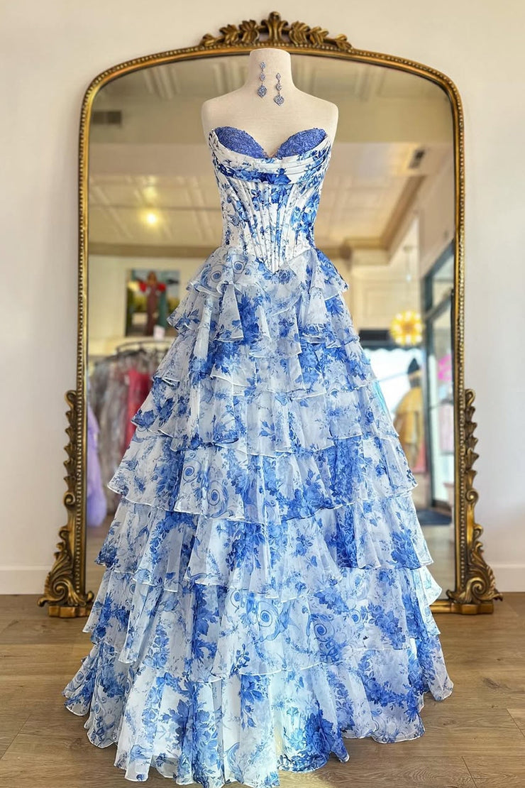 A Line Sweetheart Blue Floral Chiffon Prom Dresses Pic Color / US10 A Line Sweetheart Blue Floral Chiffon Prom Dresses Pic Color / US10