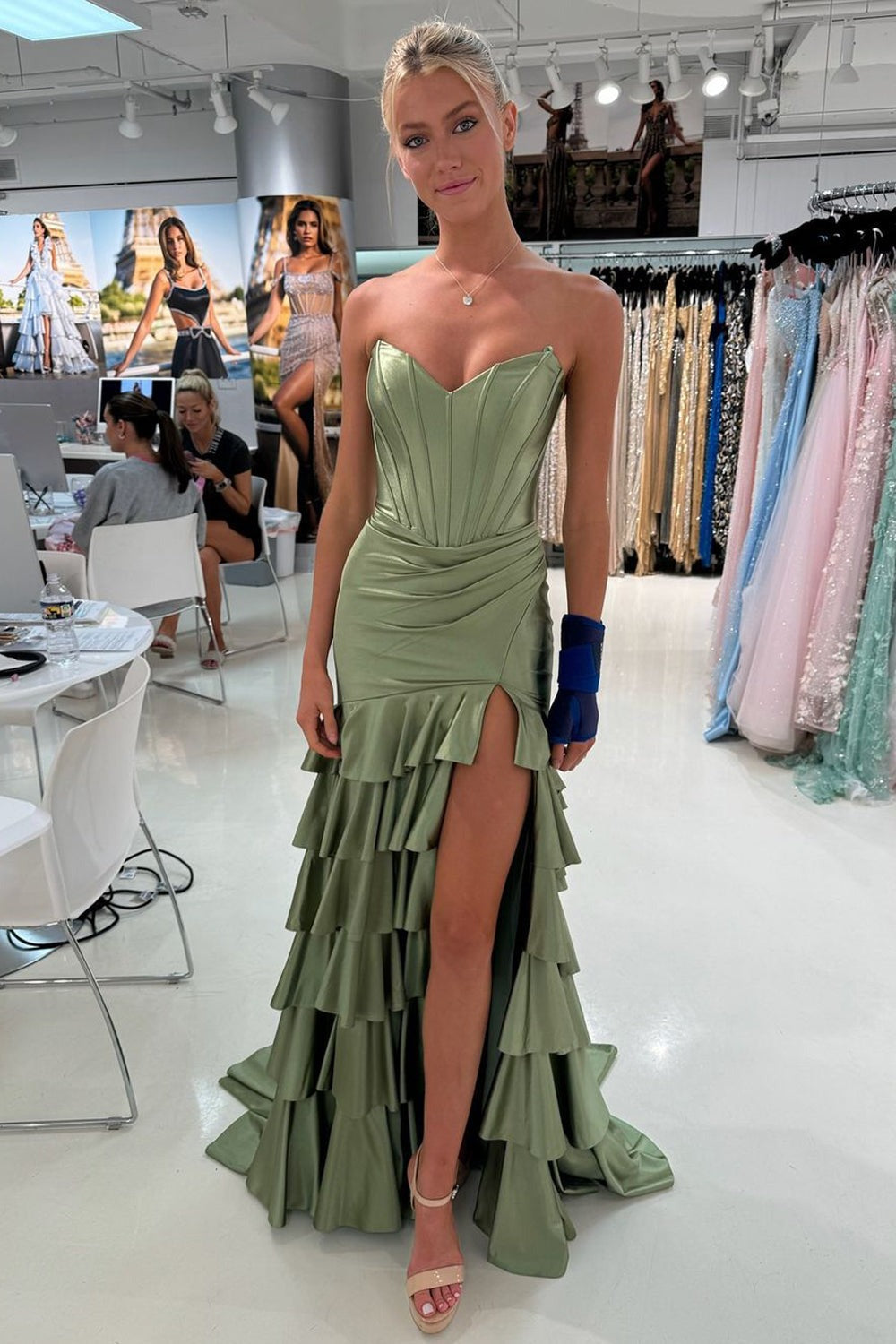 Mermaid Strapless Sage Green Satin Tiered Long Prom Dresses Pic Color / US4 Mermaid Strapless Sage Green Satin Tiered Long Prom Dresses Pic Color / US4