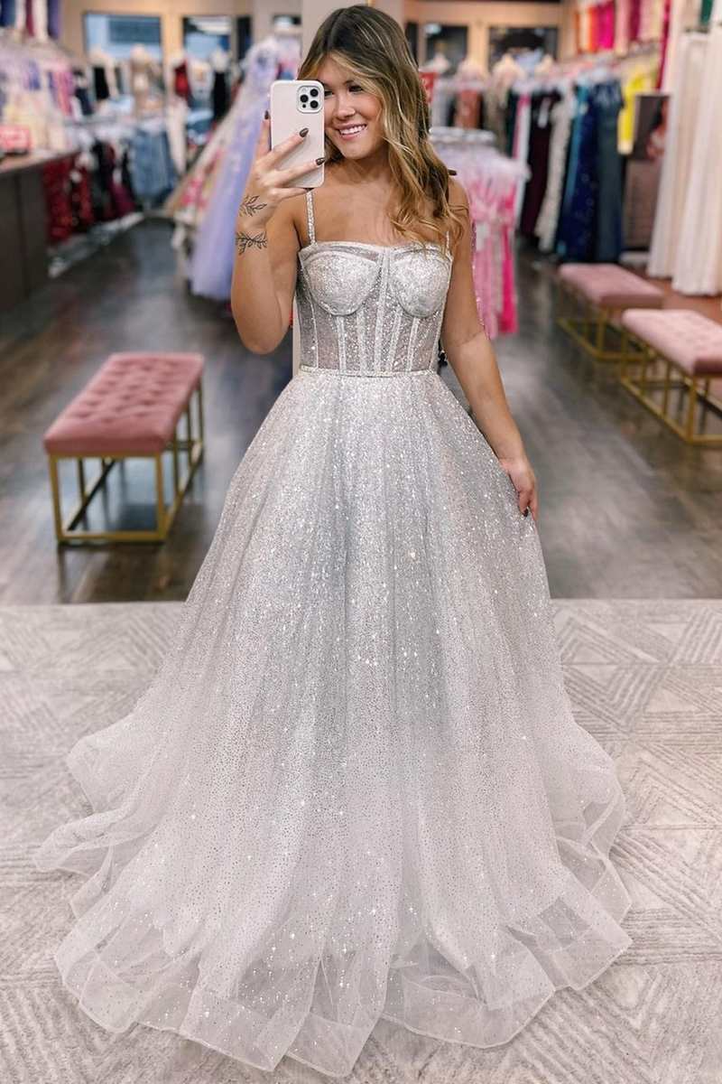 A-Line Silver Ombre Sequins Princess Straps Prom Dresses
