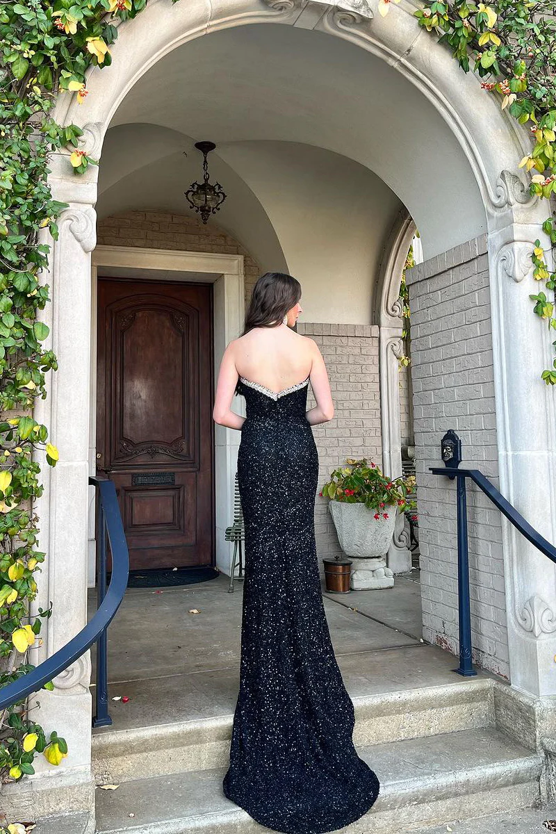 Black V Neck Sequin Mermaid Long Prom Dresses