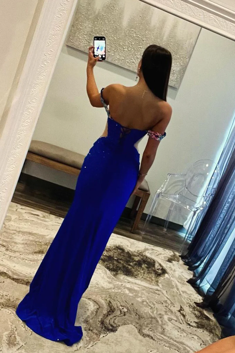 Royal Blue Off the Shoulder Beaded Long Prom Dresses