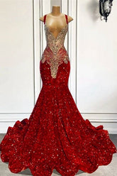 Red Sequins Mermaid Long Prom Dresses Sleeveless With Crystal