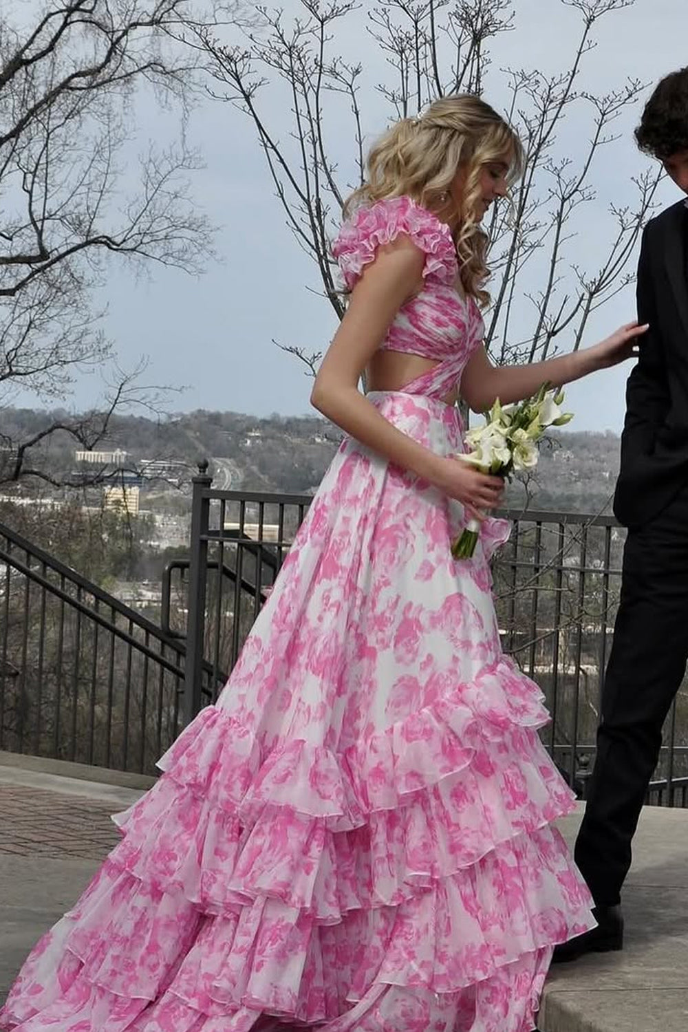 A-Line V Neck Pink Floral Printed Chiffon Ruffle Tiered Long Prom Dresses