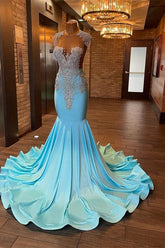 Sky Blue Beautiful Long Sleeveless Mermaid Prom Dresses With Beading