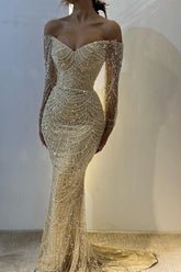 Off-the-Shoulder Long Sleeves champagne Prom Dresses Mermaid Pearls With Beads