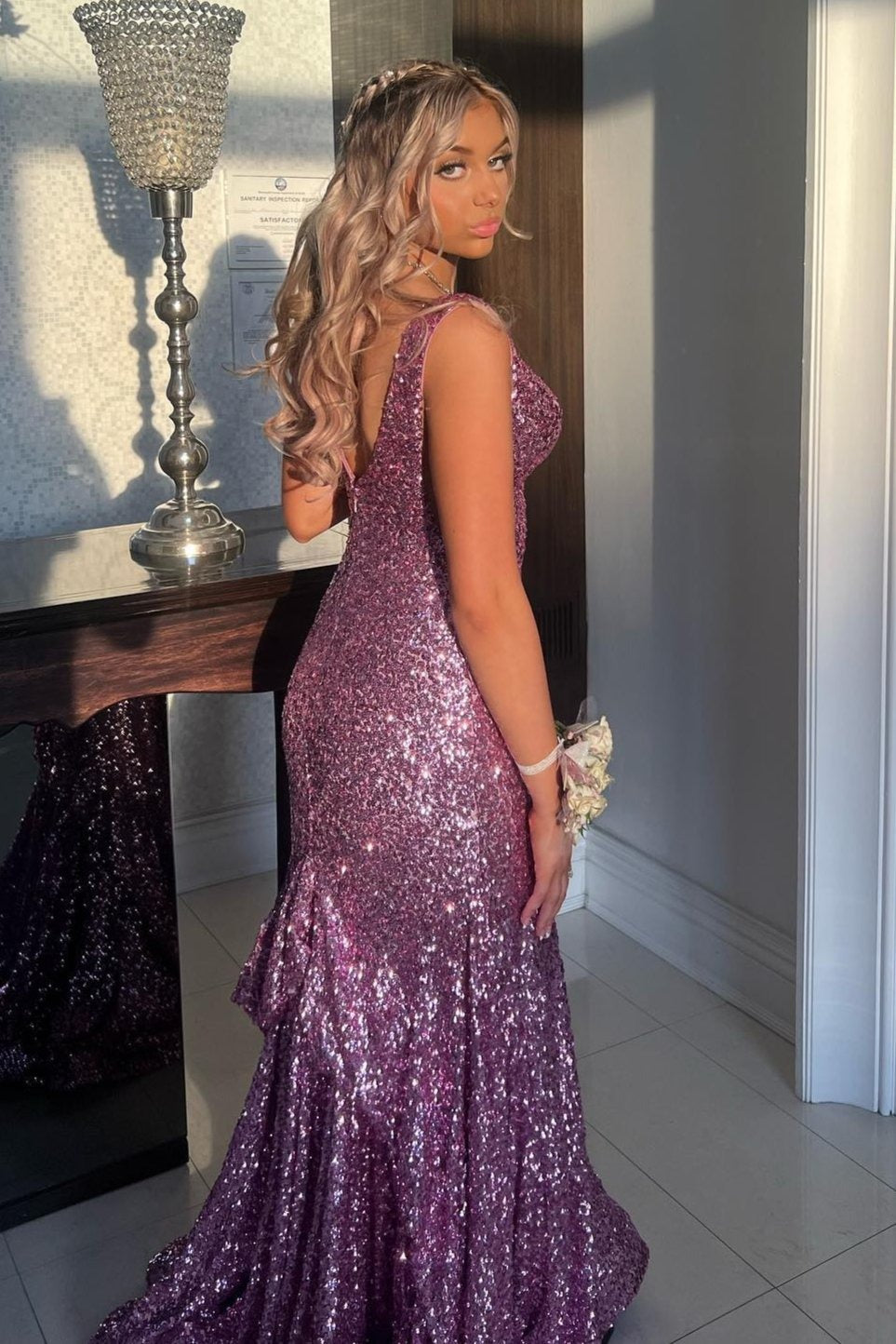 Mermaid V Neck Sequins Evening Sequins Prom Dresses