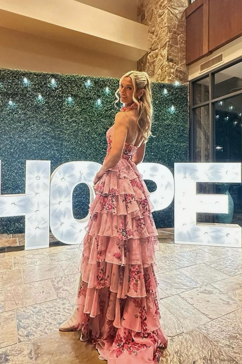 A Line Chiffon Keyhole Hatler Floral Printed Tiered Slit Prom Dresses