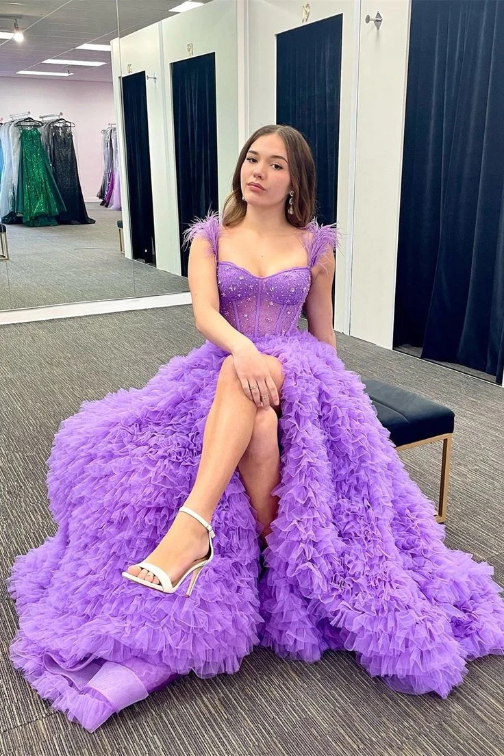 Beaded Feather Long Off-the-Shoulder Tiered Prom Dresses