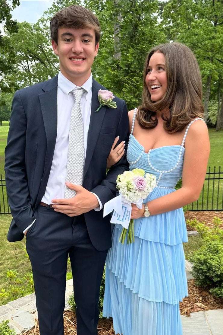 light blue prom dress and tux Prom Couples Navy Blue Prom Dress And Tux Light Blue Homecoming Matching Outfits Black Tux With