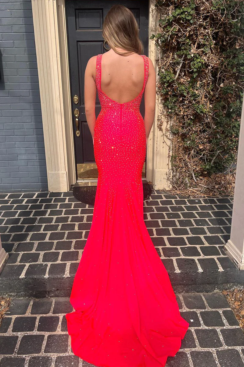 Red V Neck Long Mermaid Prom Dresses with Beaded
