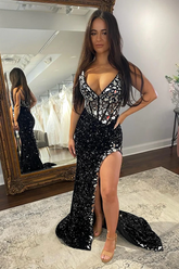 Blush Sequins Mermaid V Neck Prom Dresses